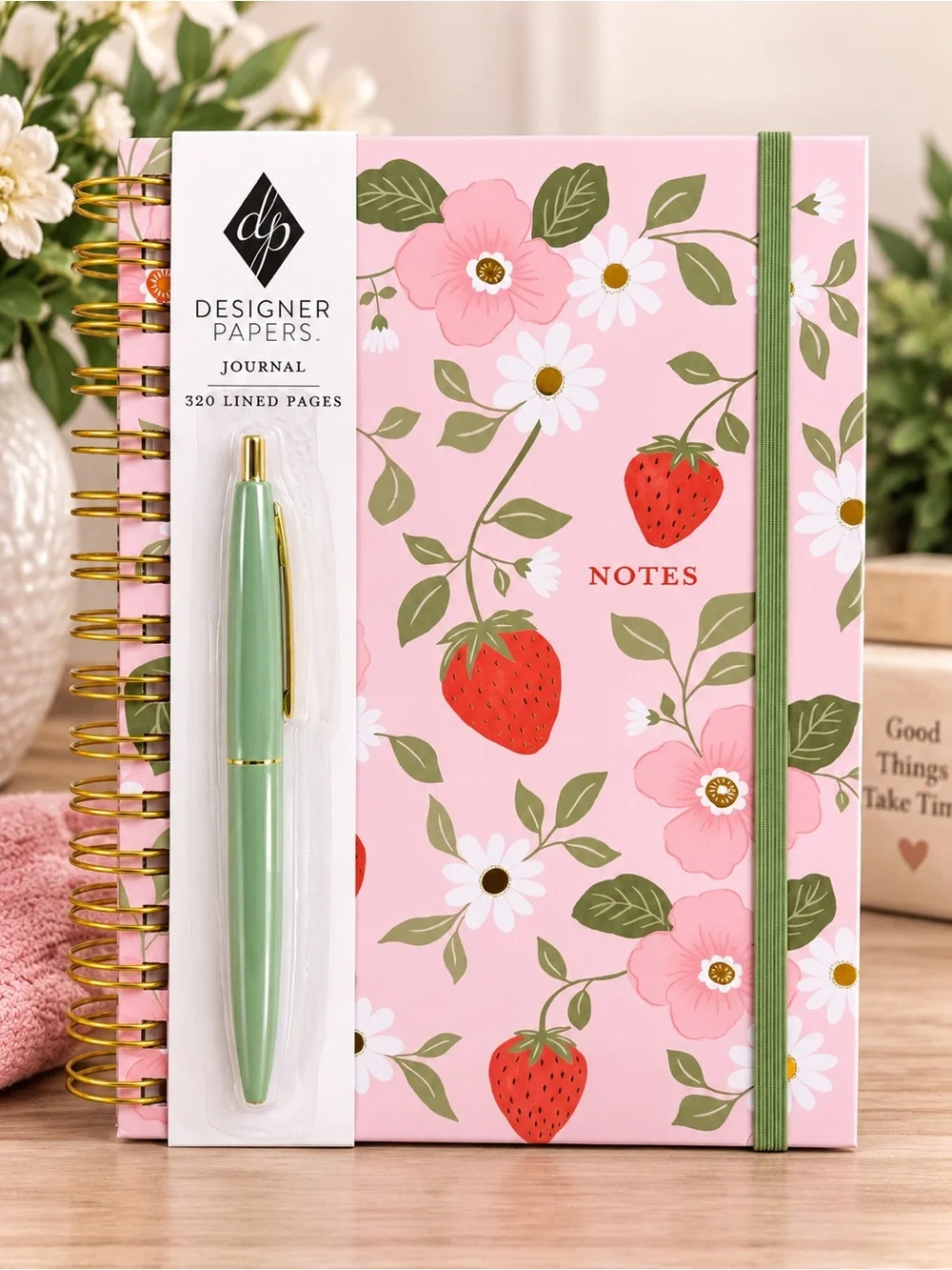 Journal w/Green Pen:Strawberry & Floral Pattern NWOT